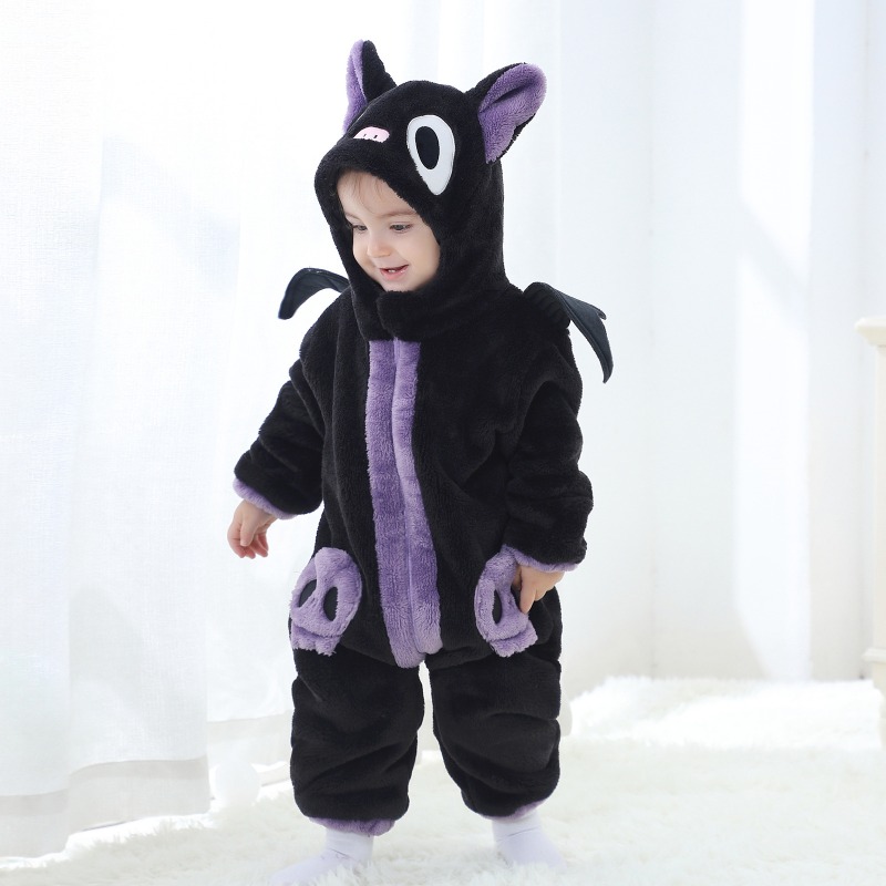 Cotton Baby Onesies Zipper - Zwarte paarse kattenromper met capuchon voor