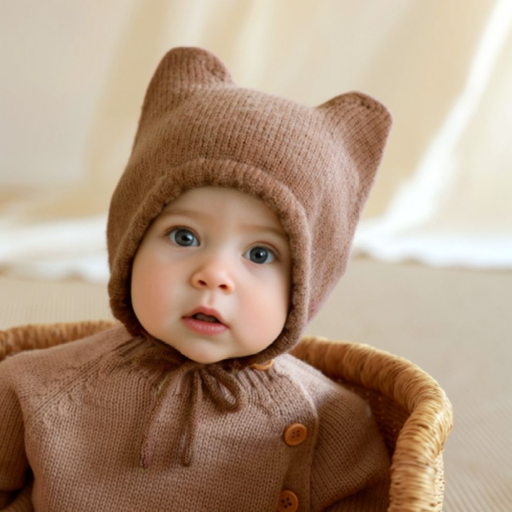 Infant Beanie Hat With Ears - Winter gebreide baby muts, warme oorbeschermende